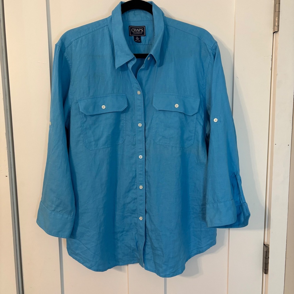 Chaps Classics Womens XL Blue 100%‎ Linen Roll Tab Sleeve Button Down Shirt Chic
